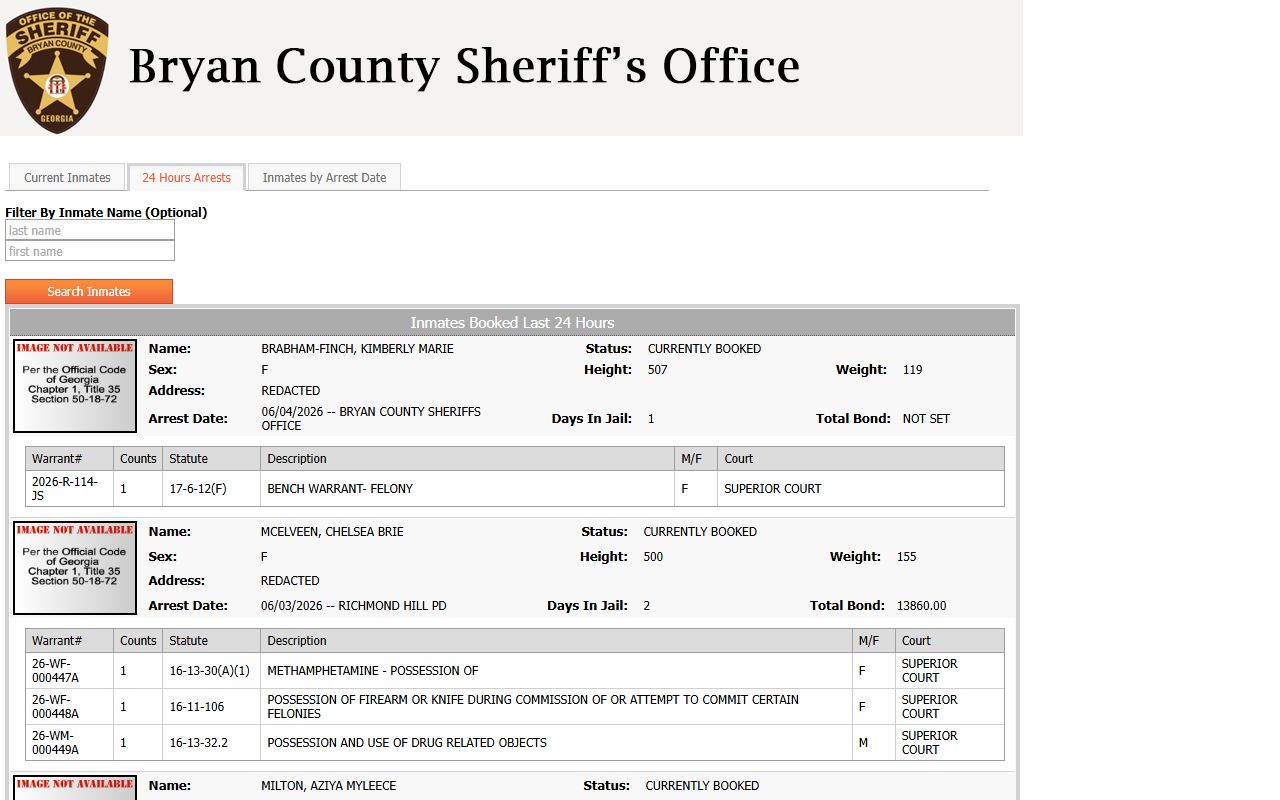 Bryan County inmate records 24 hour arrests roster with booking and release status
