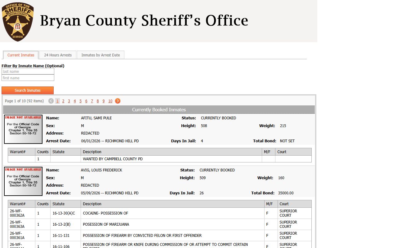 Bryan County inmate population current-inmates roster search fields and booking details