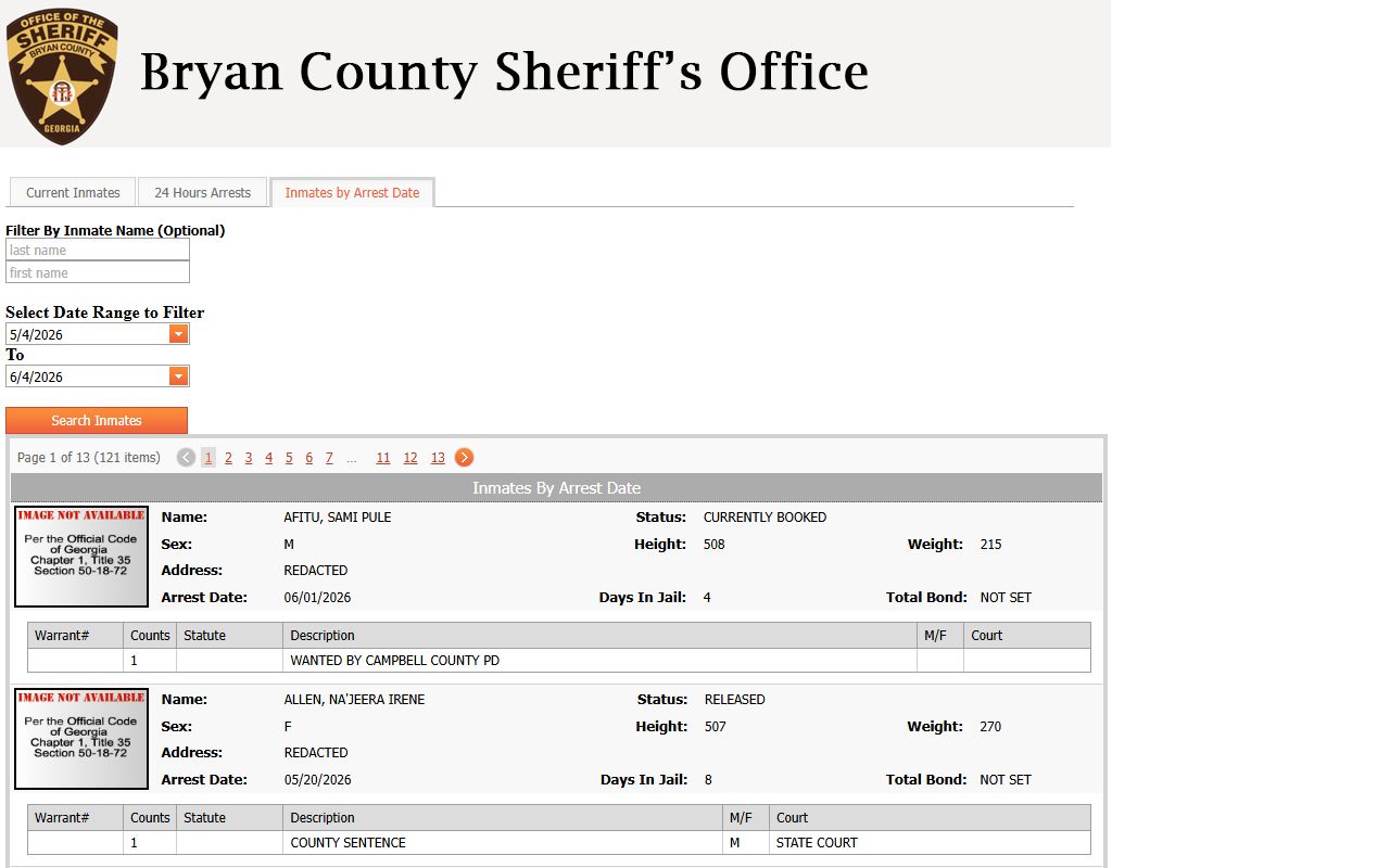 Bryan County Detention Center inmate roster by arrest date search view