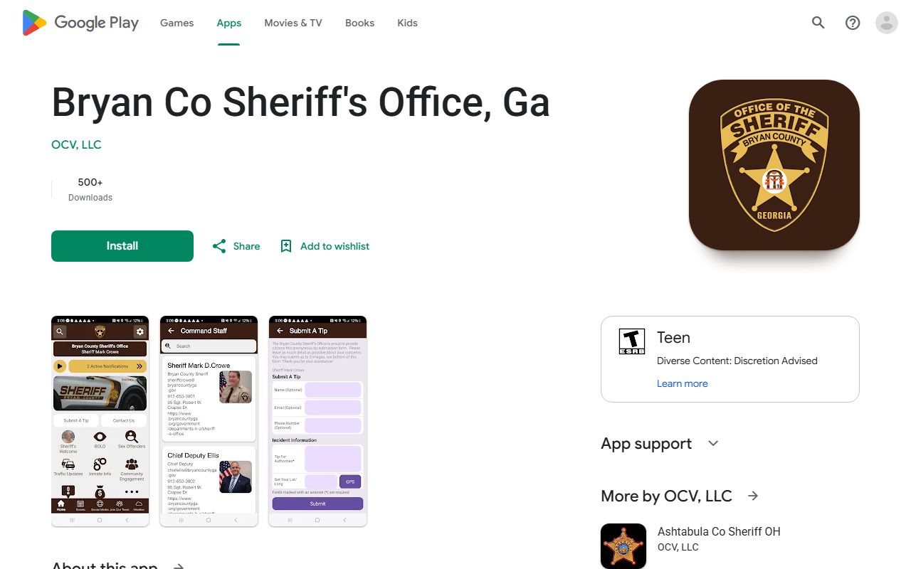 Bryan County Sheriff's Office app listing for public safety information and tips