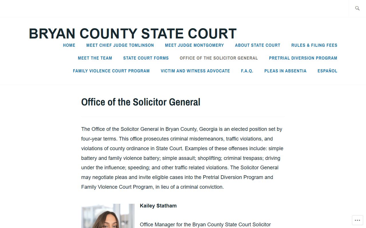 Bryan County State Court Solicitor-General page for misdemeanor and traffic prosecution